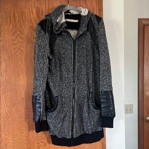 Blanc Noir Gray and Black Hooded Jacket with Leather Accents - L